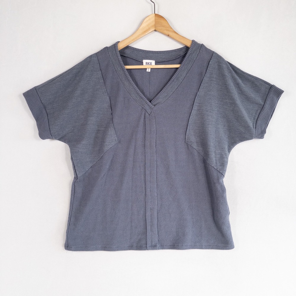 BKE Top Shirt Womens Sz Small Blue Stretch Waffle Knit Pullover Short Sleeve